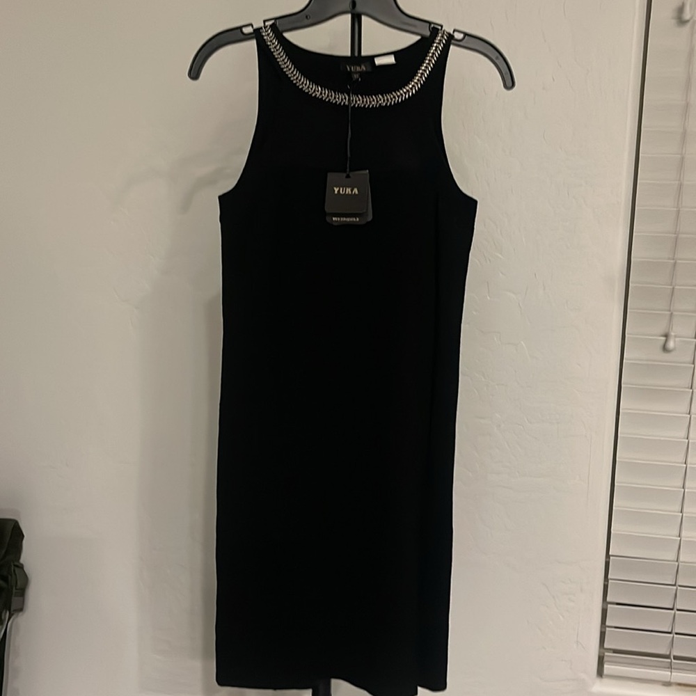 YUKA PARIS Black Knit Mini Dress with Chain and Sheer Embellished Neckline Sz S